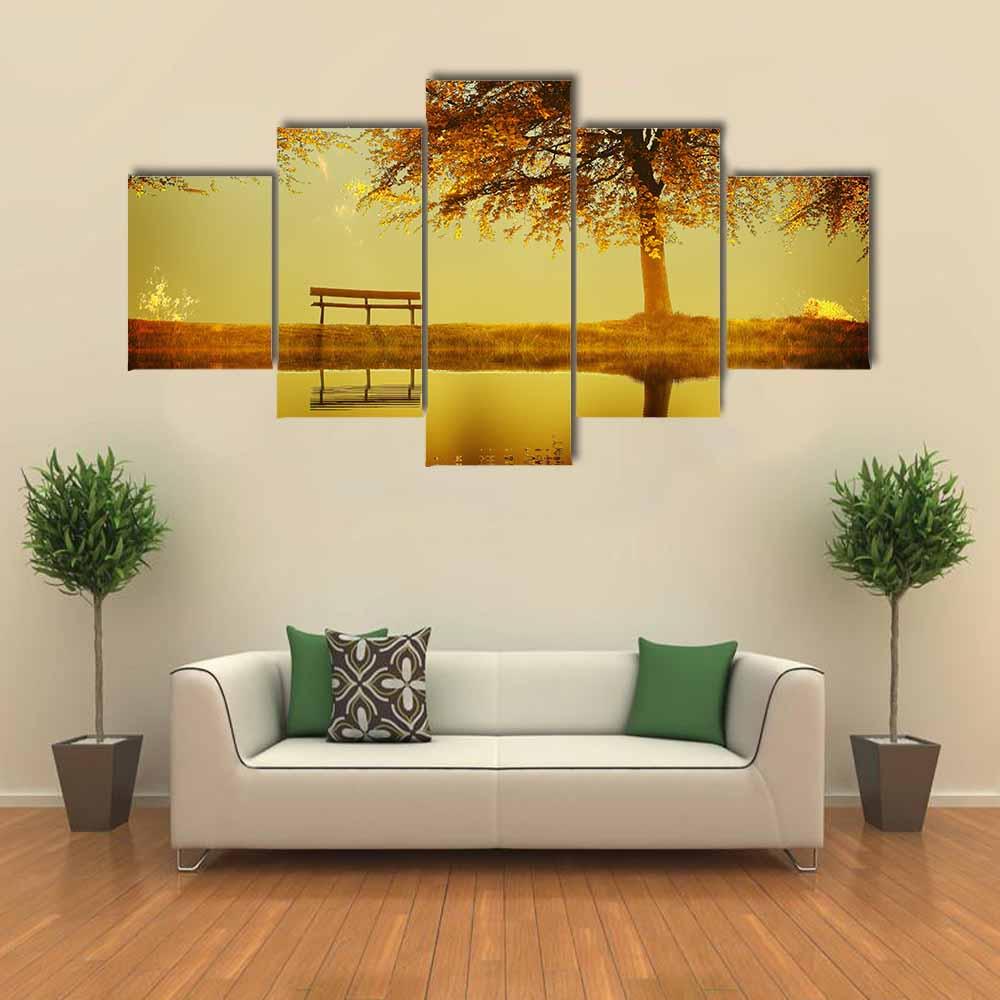 Alone Bench In Autumn Park Canvas Wall Art-1 Piece-Gallery Wrap-24" x 16"-Tiaracle