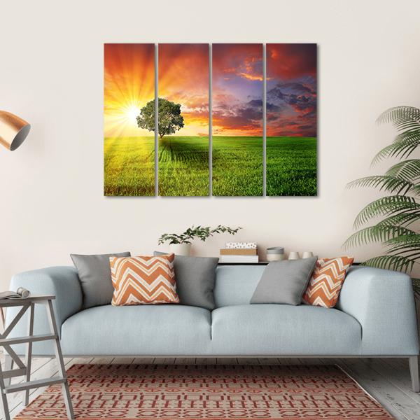 Alone Tree On Green Meadow Canvas Wall Art-4 Horizontal-Gallery Wrap-34" x 24"-Tiaracle