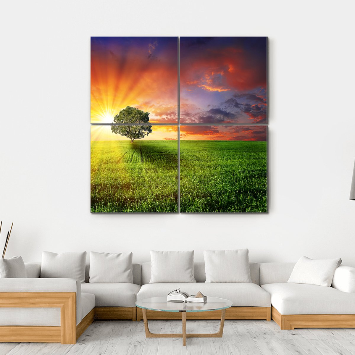 Alone Tree On Green Meadow Canvas Wall Art-4 Square-Gallery Wrap-17" x 17"-Tiaracle