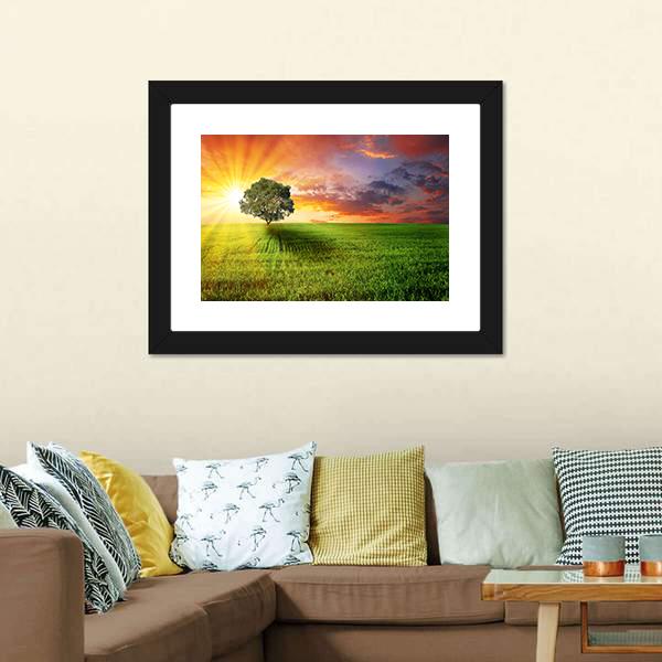 Alone Tree On Green Meadow Vertical Canvas Wall Art-3 Vertical-Gallery Wrap-12" x 25"-Tiaracle