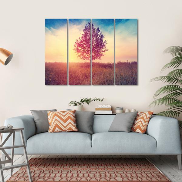 Alone Tree Over Sunrise Canvas Wall Art-4 Horizontal-Gallery Wrap-34" x 24"-Tiaracle
