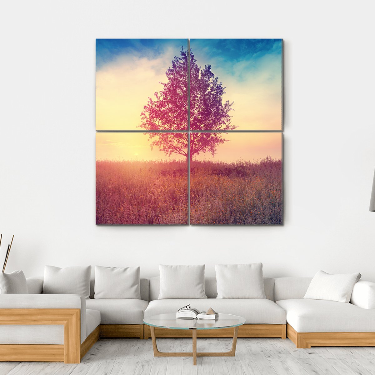 Alone Tree Over Sunrise Canvas Wall Art-4 Square-Gallery Wrap-17" x 17"-Tiaracle