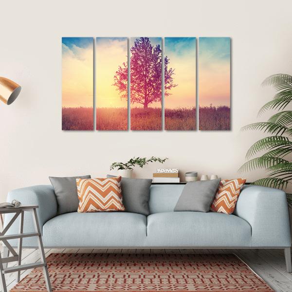 Alone Tree Over Sunrise Canvas Wall Art-5 Horizontal-Gallery Wrap-22" x 12"-Tiaracle