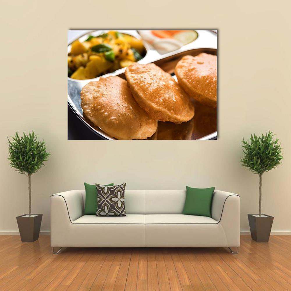 Puri with Aloo Bhaji Thali Canvas Wall Art in brown, silver and yellow, single panel hung on a wall
