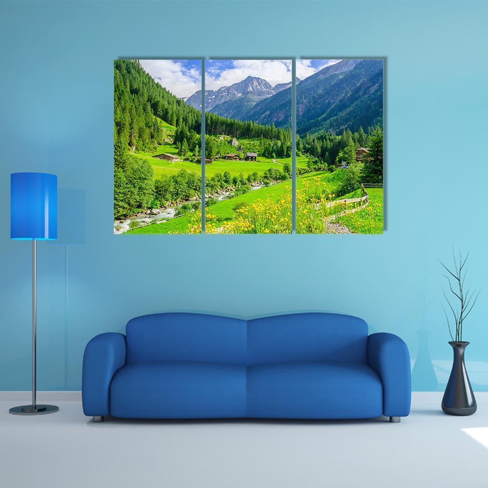 Alpine Cottages With Mountains Canvas Wall Art-3 Horizontal-Gallery Wrap-37" x 24"-Tiaracle