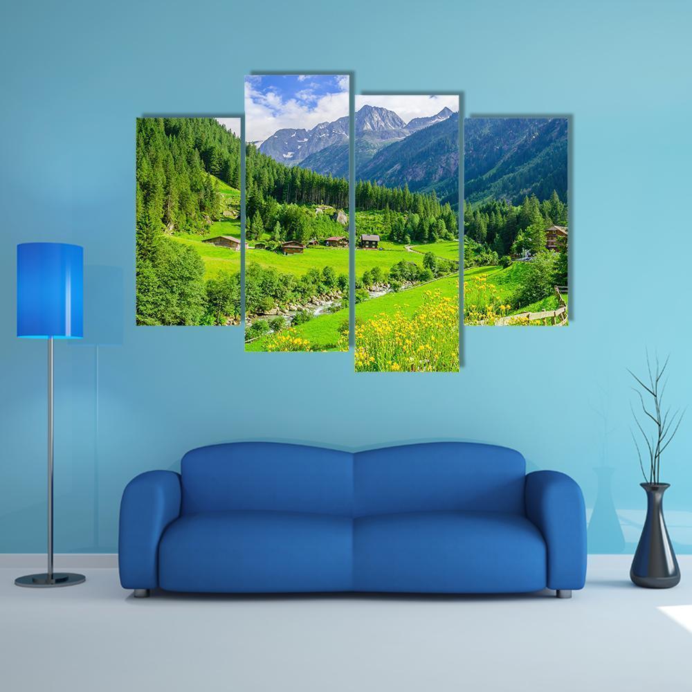 Alpine Cottages With Mountains Canvas Wall Art-4 Pop-Gallery Wrap-50" x 32"-Tiaracle