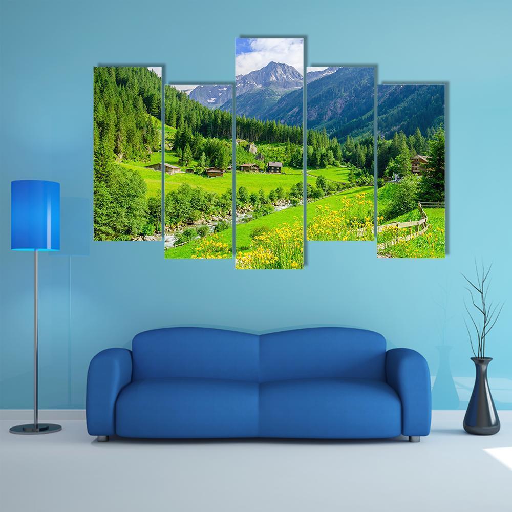 Alpine Cottages With Mountains Canvas Wall Art-5 Pop-Gallery Wrap-47" x 32"-Tiaracle