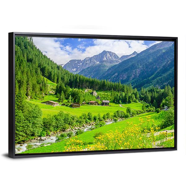 Alpine Cottages With Mountains Canvas Wall Art-3 Horizontal-Gallery Wrap-25" x 16"-Tiaracle