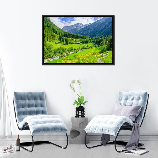 Alpine Cottages With Mountains Canvas Wall Art-3 Horizontal-Gallery Wrap-25" x 16"-Tiaracle