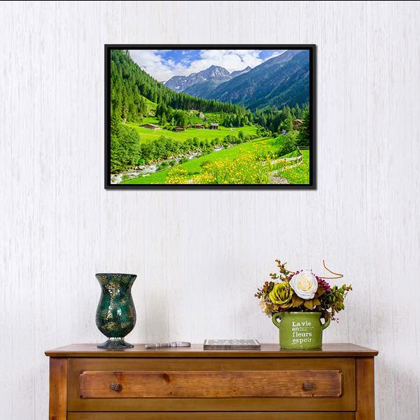 Alpine Cottages With Mountains Canvas Wall Art-3 Horizontal-Gallery Wrap-25" x 16"-Tiaracle