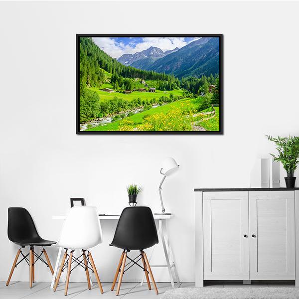 Alpine Cottages With Mountains Canvas Wall Art-1 Piece-Floating Frame-24" x 16"-Tiaracle