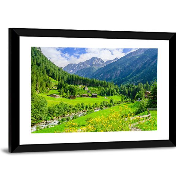 Alpine Cottages With Mountains Canvas Wall Art-3 Horizontal-Gallery Wrap-25" x 16"-Tiaracle