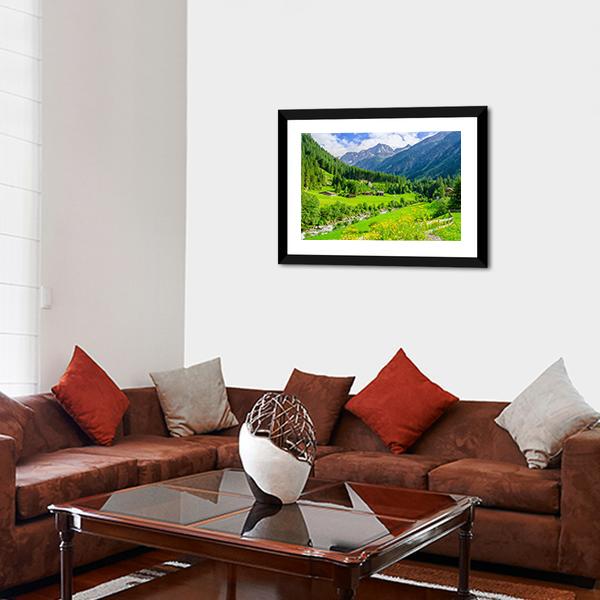 Alpine Cottages With Mountains Canvas Wall Art-3 Horizontal-Gallery Wrap-25" x 16"-Tiaracle