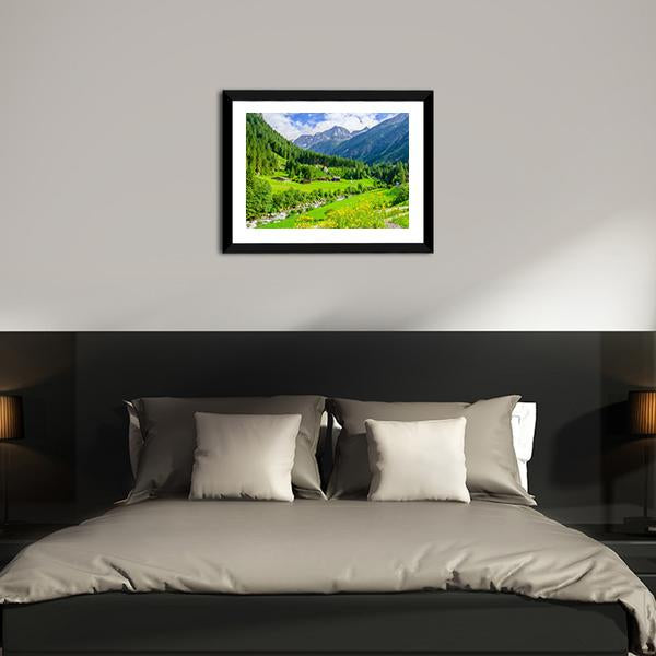 Alpine Cottages With Mountains Canvas Wall Art-3 Horizontal-Gallery Wrap-25" x 16"-Tiaracle