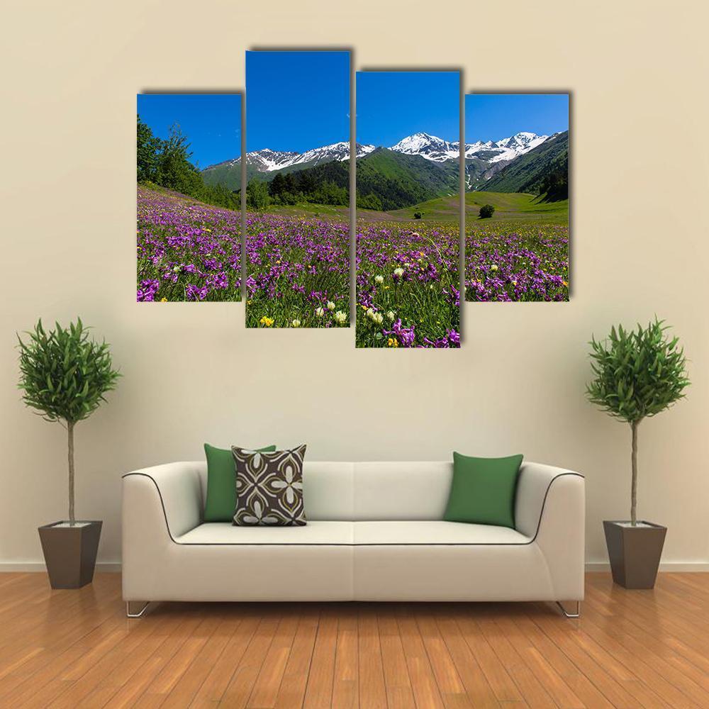 Alpine Fields With Purple Flowers Canvas Wall Art-4 Pop-Gallery Wrap-50" x 32"-Tiaracle