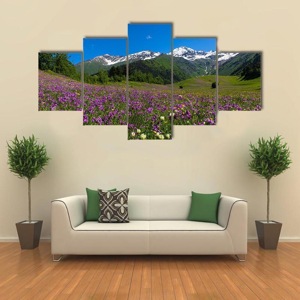 Alpine Fields With Purple Flowers Canvas Wall Art-5 Star-Gallery Wrap-62" x 32"-Tiaracle