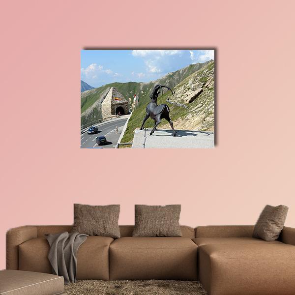 Alpine Mountain Pass with Ibex Sculpture Canvas Wall Art in gray, green and blue, single panel hung on a wall