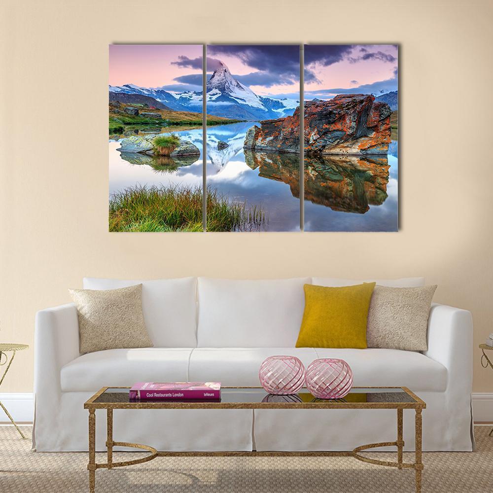 Alpine Lake &amp; Matterhorn Canvas Wall Art-3 Horizontal-Gallery Wrap-37" x 24"-Tiaracle