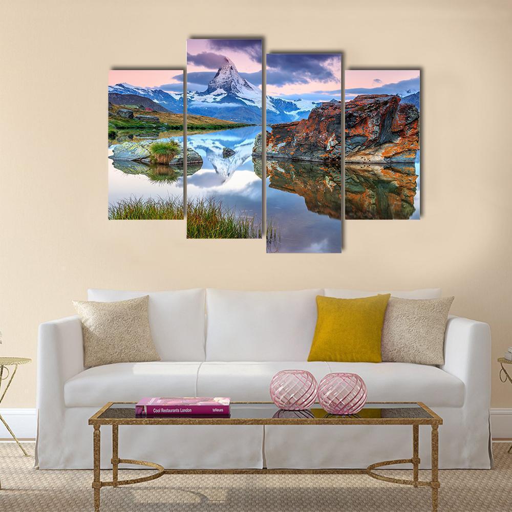 Alpine Lake &amp; Matterhorn Canvas Wall Art-4 Pop-Gallery Wrap-50" x 32"-Tiaracle
