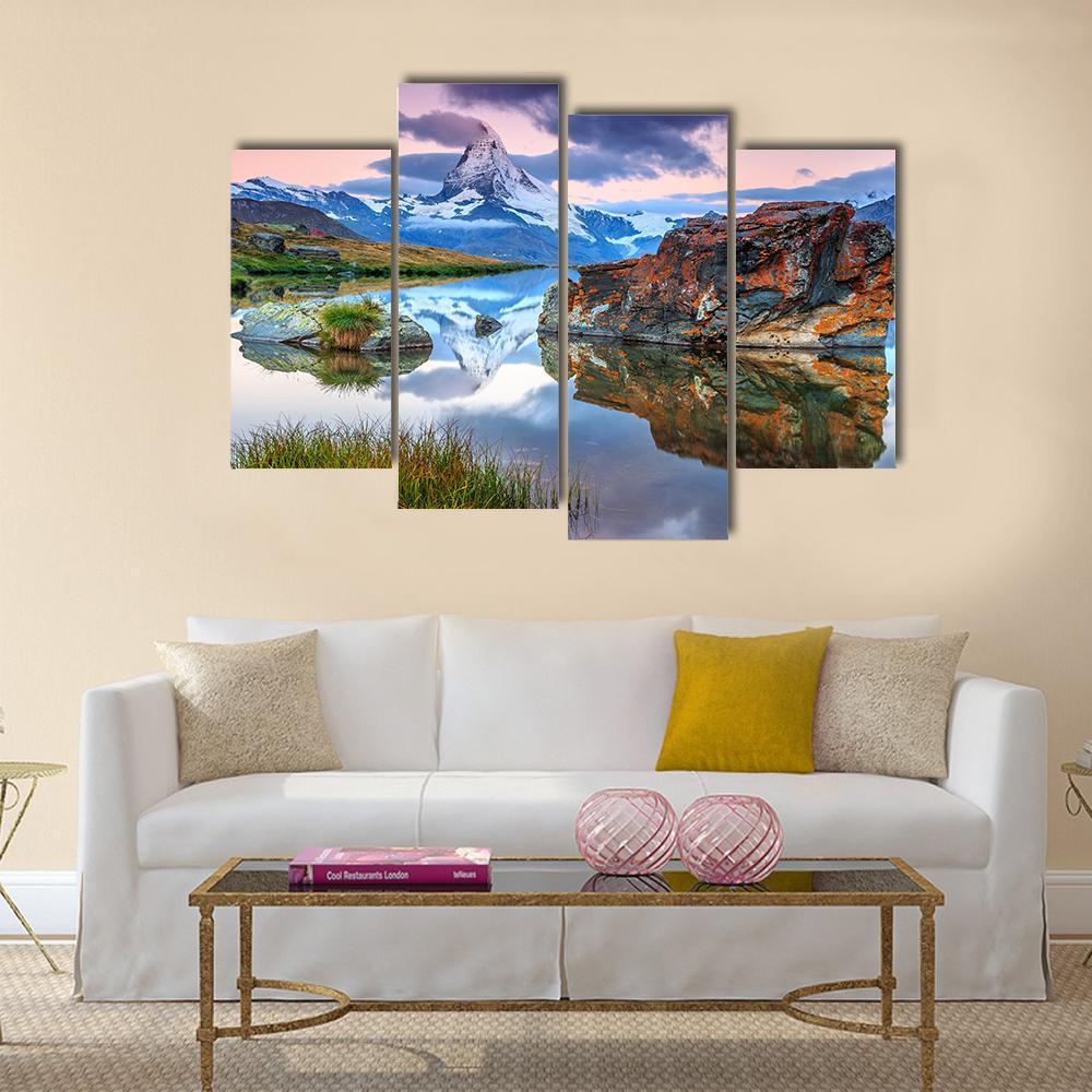 Alpine Lake & Matterhorn Canvas Wall Art-4 Pop-Gallery Wrap-50" x 32"-Tiaracle