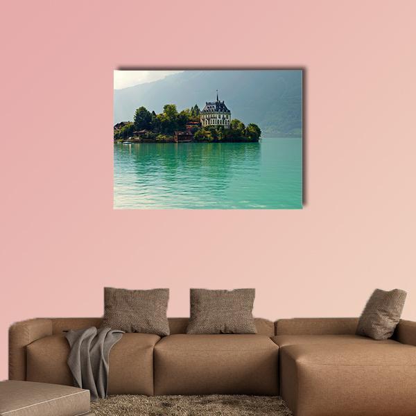 Alpine Lake Brienz, Jungfrau Region Canvas Wall Art in gray, green and blue, single panel hung on a wall