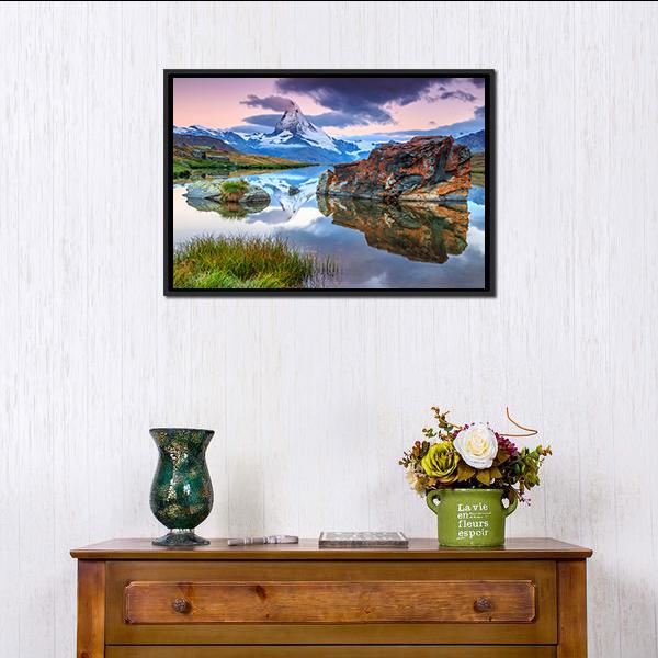 Alpine Lake and the Matterhorn Canvas Wall Art in white, brown and blue, framed canvas, product view on a white background