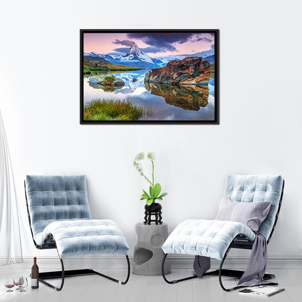 Alpine Lake & Matterhorn Canvas Wall Art-3 Horizontal-Gallery Wrap-25" x 16"-Tiaracle