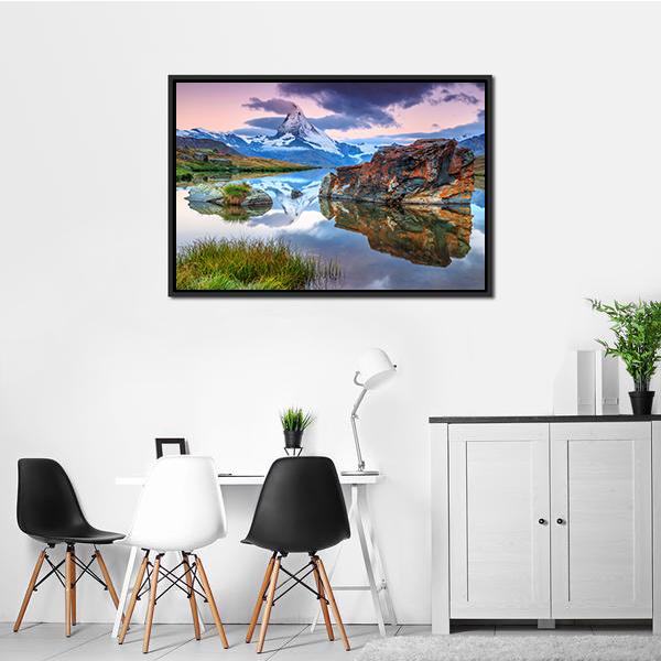 Alpine Lake & Matterhorn Canvas Wall Art-3 Horizontal-Gallery Wrap-25" x 16"-Tiaracle