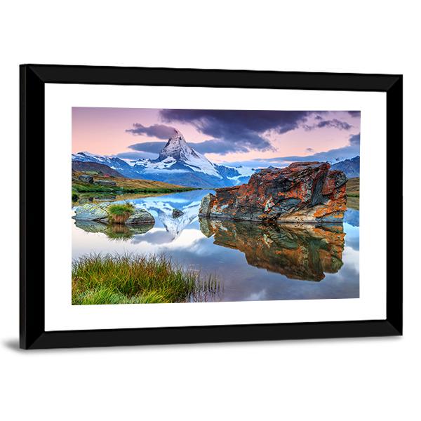 Alpine Lake & Matterhorn Canvas Wall Art-3 Horizontal-Gallery Wrap-25" x 16"-Tiaracle