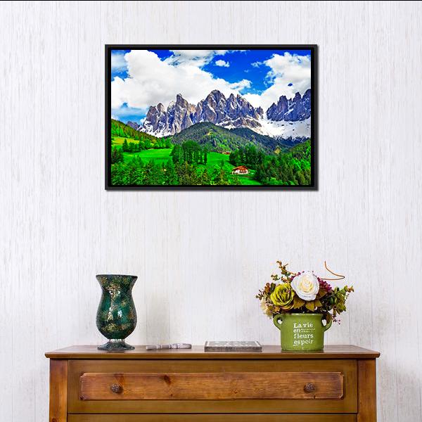 Dolomites Alpine Scenery with Red-roof House Canvas Wall Art in white, green and blue, framed canvas, product view on a white background