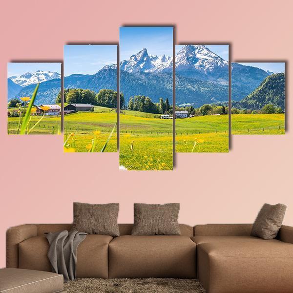 Alps With Meadows Canvas Wall Art-5 Star-Gallery Wrap-62" x 32"-Tiaracle