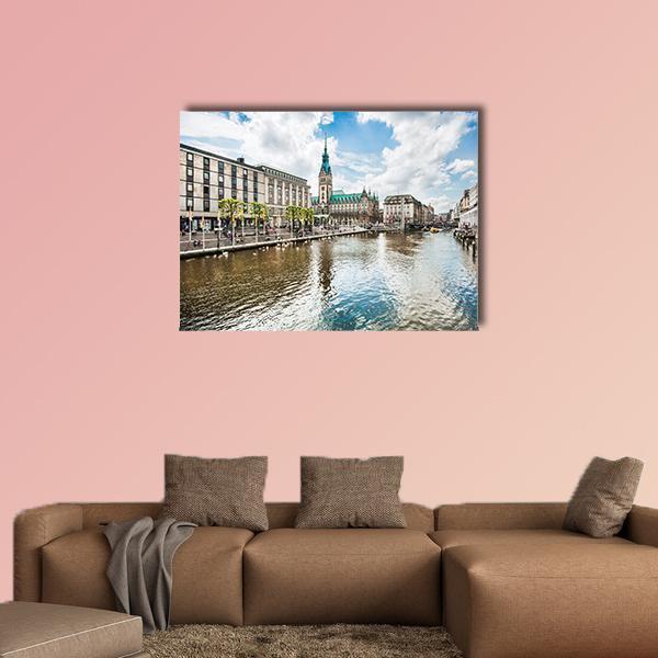 Alster River in Hamburg Canvas Wall Art in white, brown and blue, single panel hung on a wall