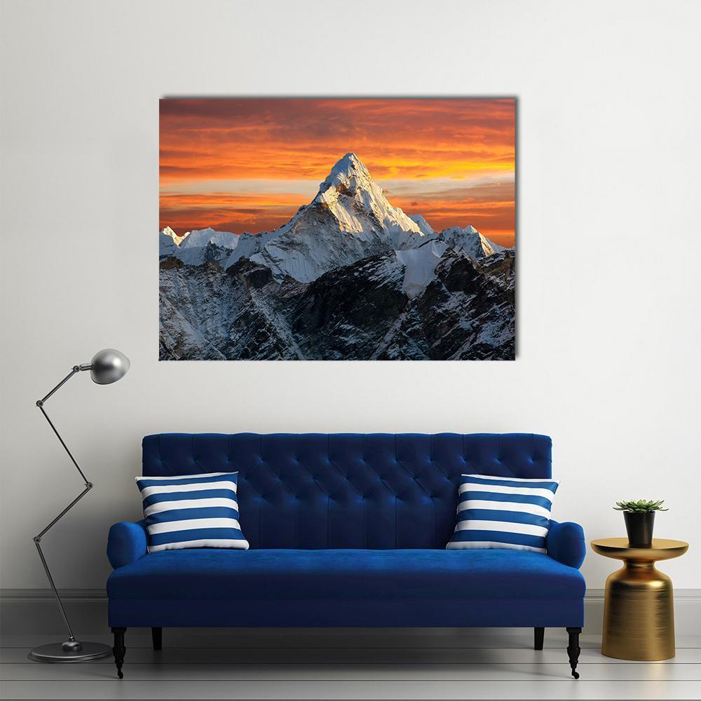 Ama Dablam Evening View Canvas Wall Art in white, orange and blue, single panel hung on a wall