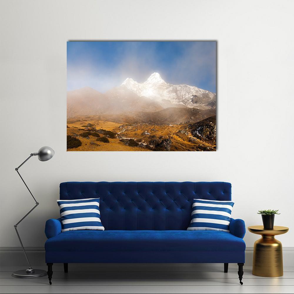 Ama Dablam in Nepal Canvas Wall Art in white, brown and blue, single panel hung on a wall