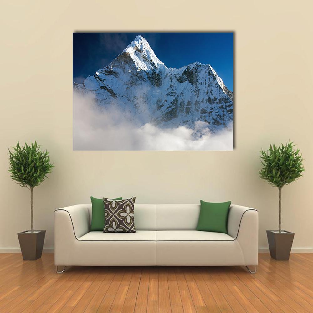 Ama Dablam Peak, Nepal Canvas Wall Art in white and blue, single panel hung on a wall