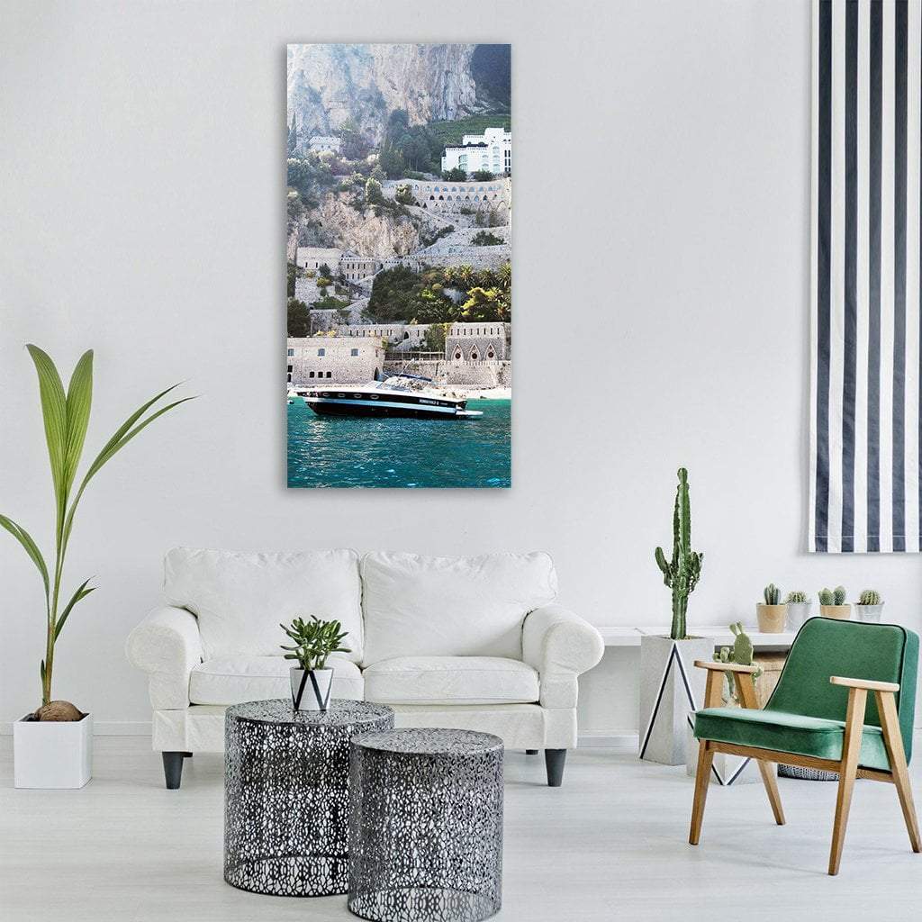 Motor Yacht at Turquoise Cliffs Vertical Canvas Wall Art in white, gray and blue, single vertical panel hung on a wall