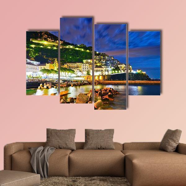 Amalfi Village Along Amalfi Coast At Night Canvas Wall Art-4 Pop-Gallery Wrap-50" x 32"-Tiaracle