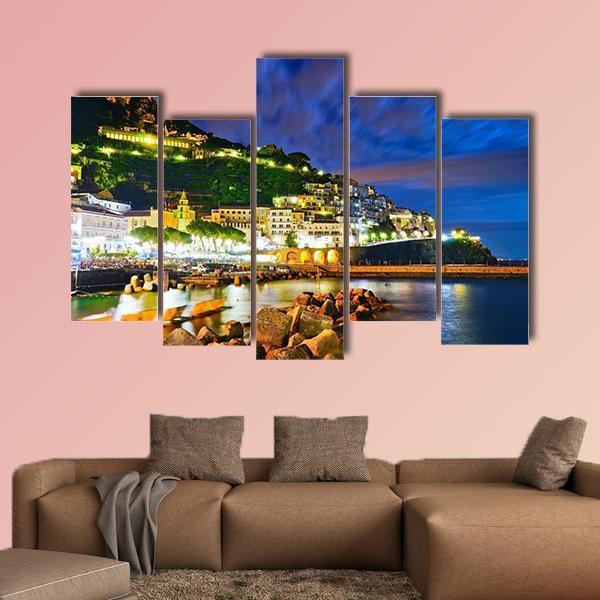 Amalfi Village Along Amalfi Coast At Night Canvas Wall Art-5 Pop-Gallery Wrap-47" x 32"-Tiaracle