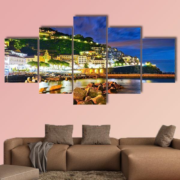 Amalfi Village Along Amalfi Coast At Night Canvas Wall Art-5 Star-Gallery Wrap-62" x 32"-Tiaracle