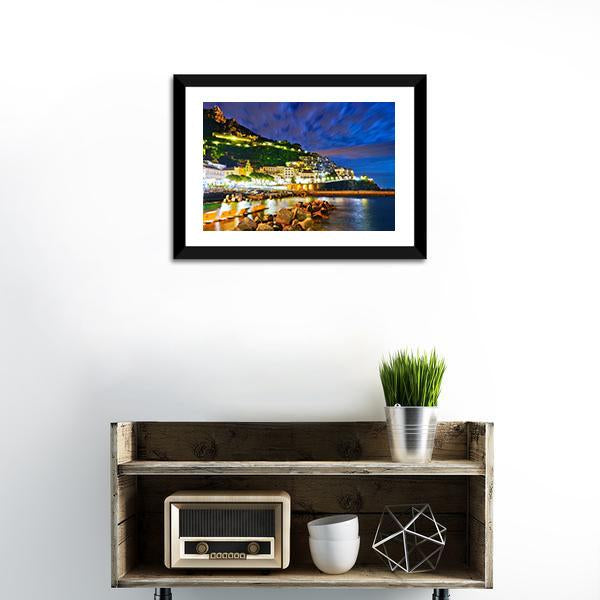 Amalfi Village Along Amalfi Coast At Night Canvas Wall Art-1 Piece-Framed Print-20" x 16"-Tiaracle