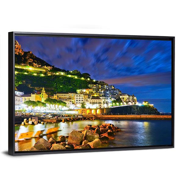 Amalfi Village Along Amalfi Coast At Night Canvas Wall Art-3 Horizontal-Gallery Wrap-25" x 16"-Tiaracle