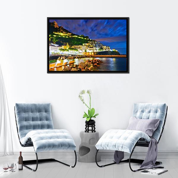 Amalfi Village Along Amalfi Coast At Night Canvas Wall Art-3 Horizontal-Gallery Wrap-25" x 16"-Tiaracle