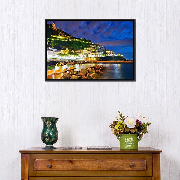 Amalfi Village Along Amalfi Coast At Night Canvas Wall Art-1 Piece-Floating Frame-24" x 16"-Tiaracle