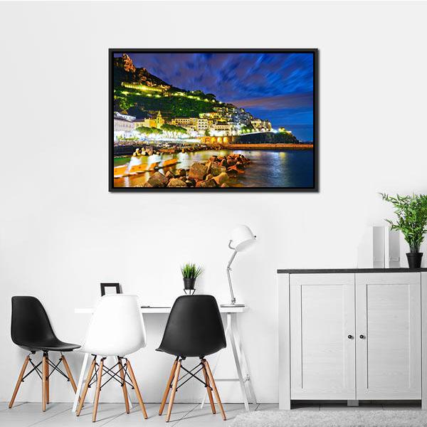 Amalfi Village Along Amalfi Coast At Night Canvas Wall Art-3 Horizontal-Gallery Wrap-25" x 16"-Tiaracle