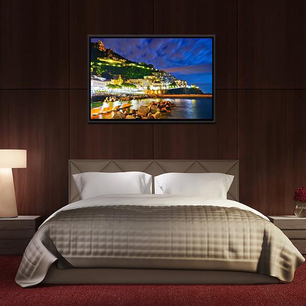 Amalfi Village Along Amalfi Coast At Night Canvas Wall Art-3 Horizontal-Gallery Wrap-25" x 16"-Tiaracle
