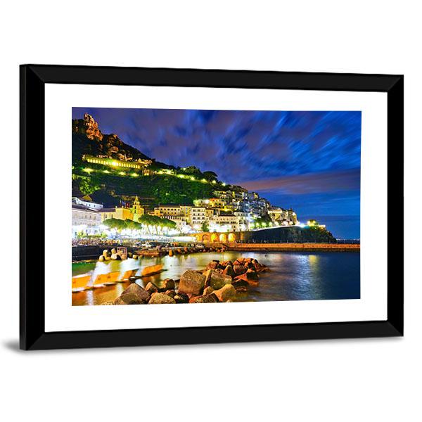 Amalfi Village Along Amalfi Coast At Night Canvas Wall Art-3 Horizontal-Gallery Wrap-25" x 16"-Tiaracle