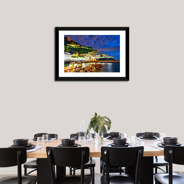 Amalfi Village Along Amalfi Coast At Night Canvas Wall Art-3 Horizontal-Gallery Wrap-25" x 16"-Tiaracle