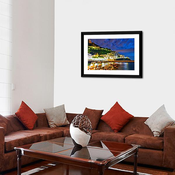 Amalfi Village Along Amalfi Coast At Night Canvas Wall Art-3 Horizontal-Gallery Wrap-25" x 16"-Tiaracle