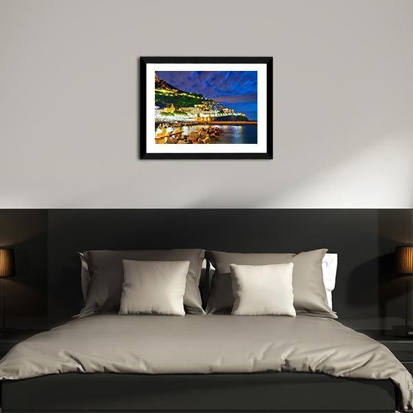 Amalfi Village Along Amalfi Coast At Night Canvas Wall Art-3 Horizontal-Gallery Wrap-25" x 16"-Tiaracle