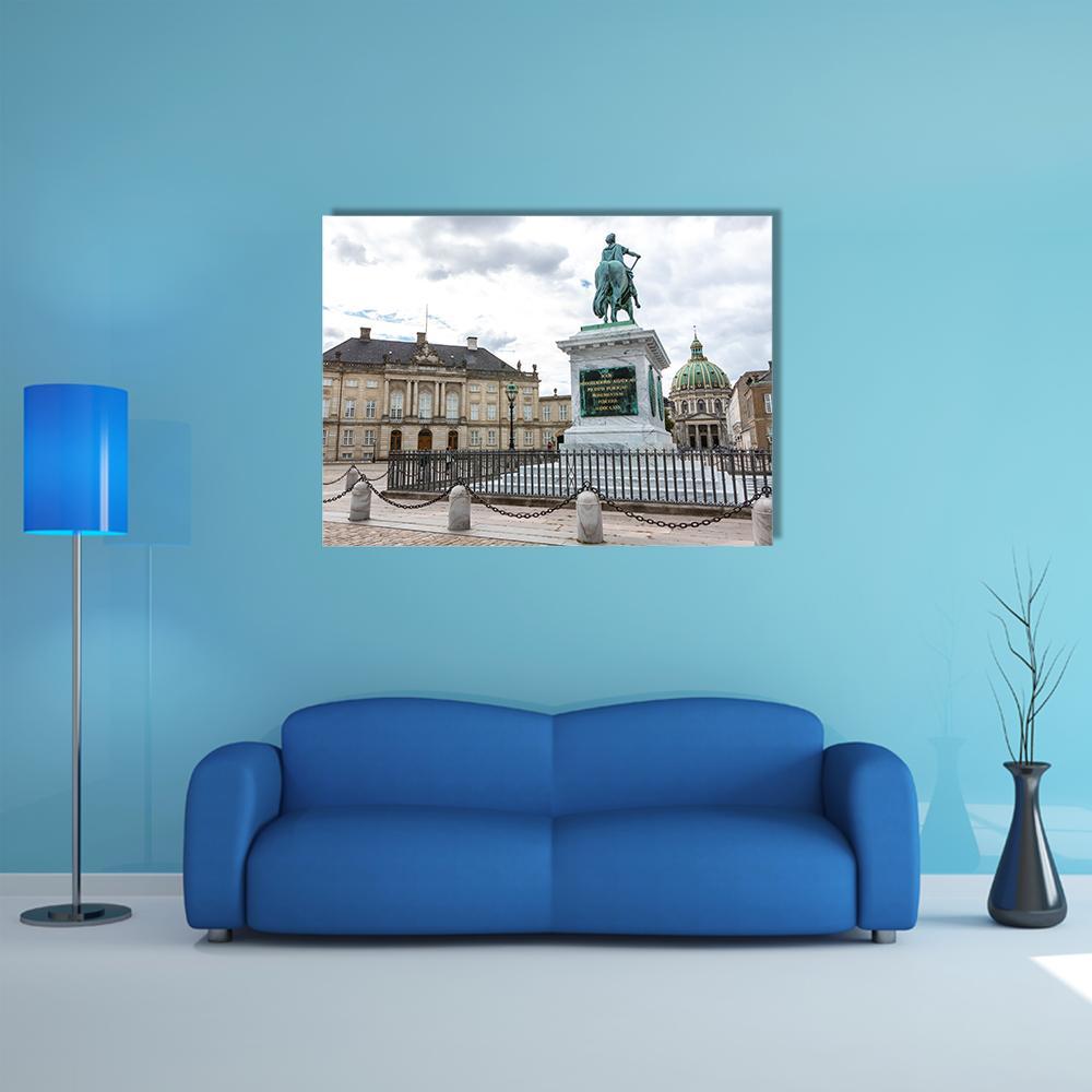 Amalienborg Palace with Equestrian Statue Canvas Wall Art in white, gray and beige, single panel hung on a wall